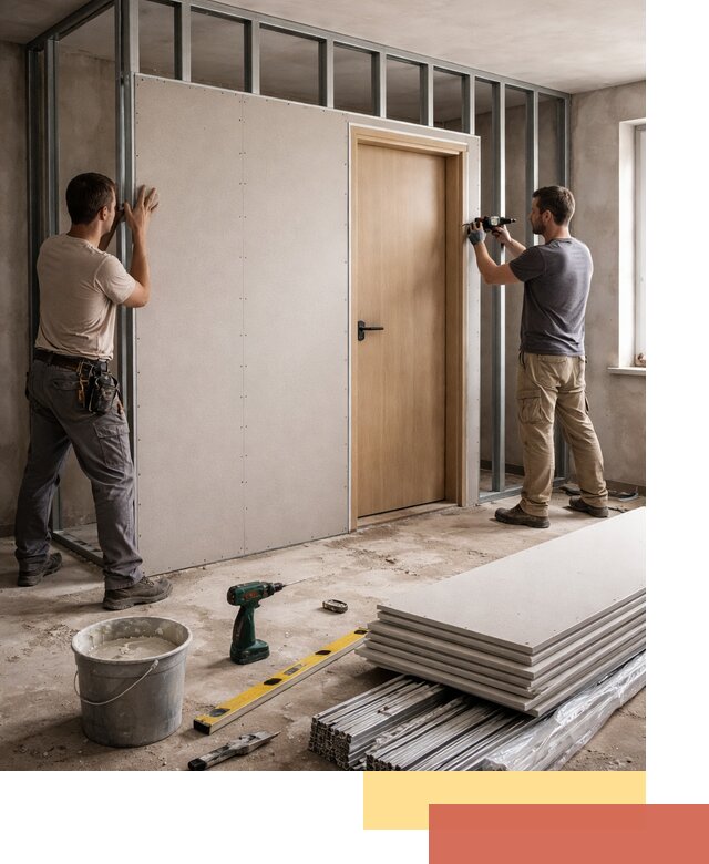 Перегородка из гипсокартона с дверью под ключ в Тобольске