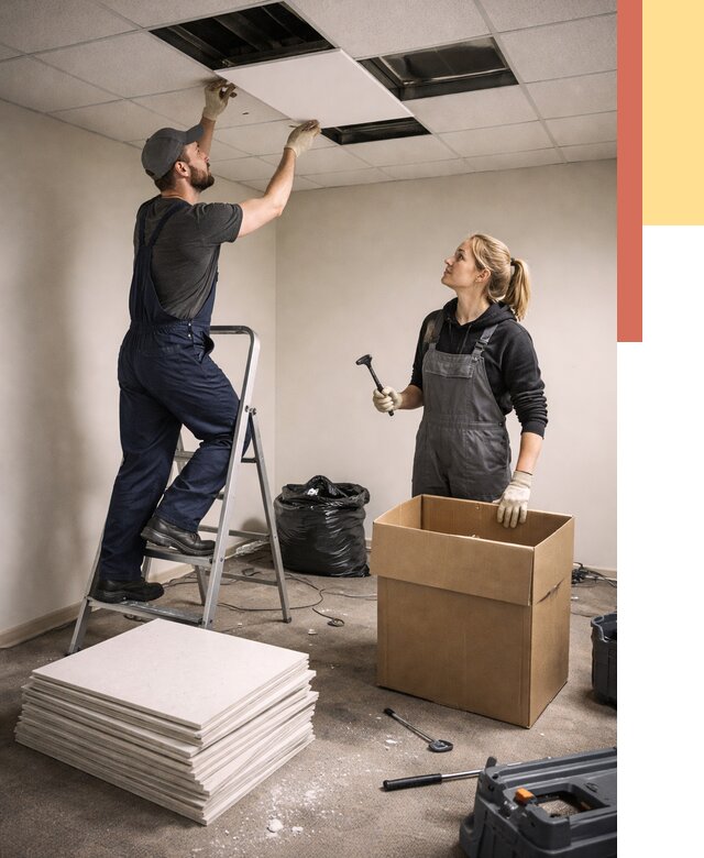 Демонтаж потолочной плитки в Тобольске от 4575 руб. быстро и недорого | ОТДЕЛОЧНИК-Тбл