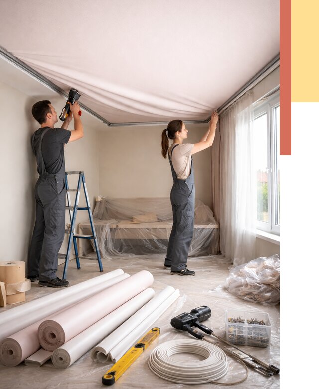 Монтаж цветного натяжного потолка в Тобольске от 4270 руб/м² — быстро и недорого | ОТДЕЛОЧНИК-Тбл