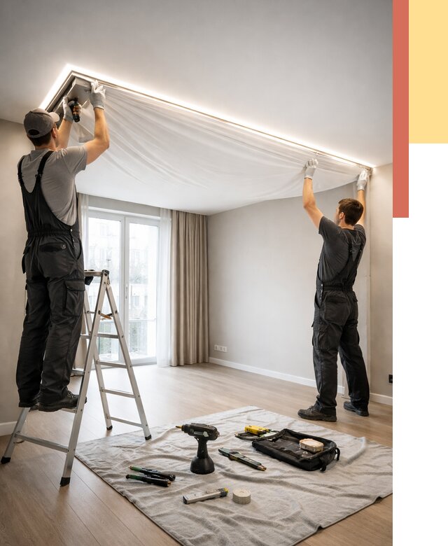 Монтаж парящего натяжного потолка в Тобольске от 4575 руб. быстро и недорого | ОТДЕЛОЧНИК-Тбл