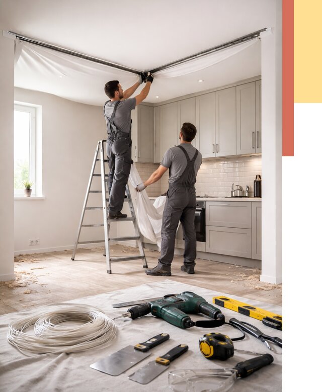 Установка натяжного потолка на кухне в Тобольске от 2440 руб. | ОТДЕЛОЧНИК-Тбл