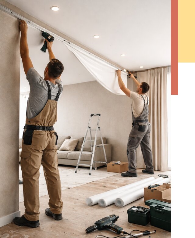 Монтаж натяжного потолка в гостиной в Тобольске от 559 руб. | ОТДЕЛОЧНИК-Тбл