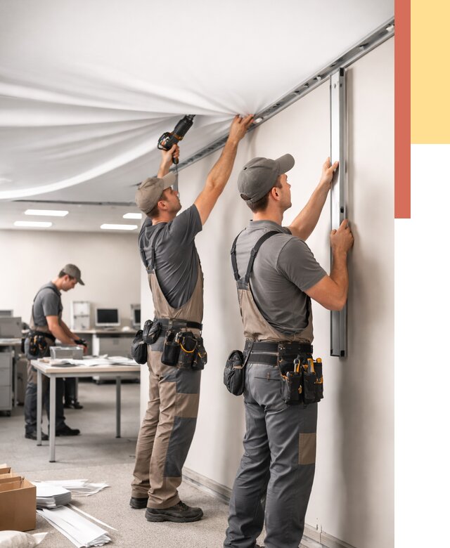 Монтаж натяжного потолка в офисе в Тобольске от 458 руб/м² — быстро и недорого | ОТДЕЛОЧНИК-Тбл