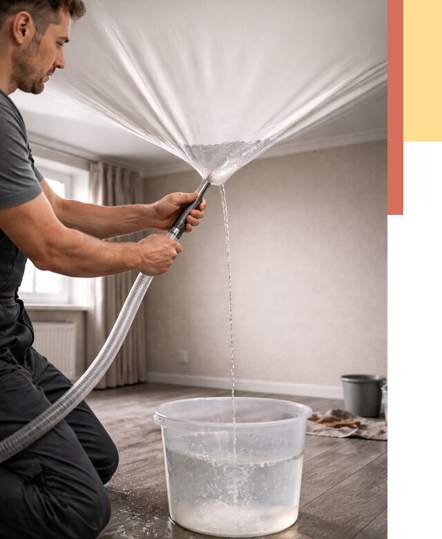 Слив воды с натяжного потолка в Тобольске от 2542 руб. быстро и недорого | ОТДЕЛОЧНИК-Тбл