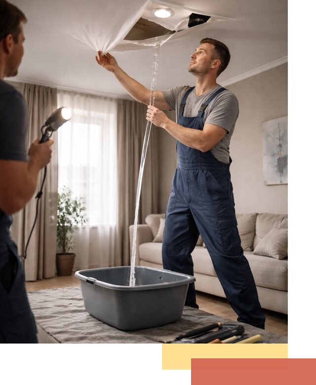 Слив воды с натяжного потолка в Тобольске быстро и аккуратно