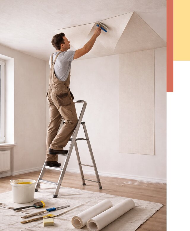 Поклейка обоев на потолок в Тобольске от 4575 руб. быстро и недорого | ОТДЕЛОЧНИК-Тбл